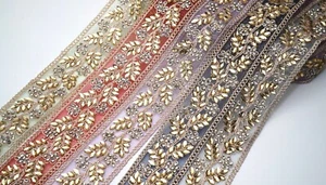FCL 1 Yd Indian Lace Trims Saree Border Fabric Embroidered Trimmings Rhinestone - Picture 1 of 26