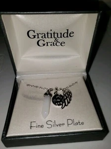 Gratitude & Grace Fine Silver Plate Necklace in Box Angel-Wing-Hexagon Prism - Picture 1 of 6