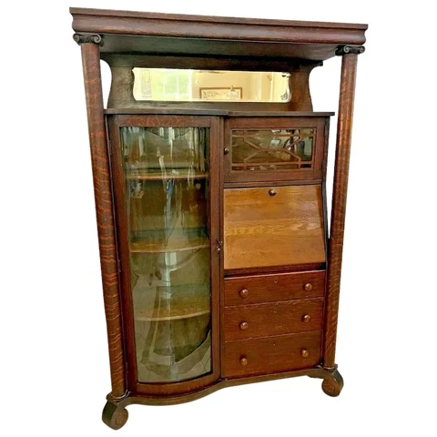 Antique American Empire Curio Bookcase Secretary Locking China Cabinet Tiger Oak Cover