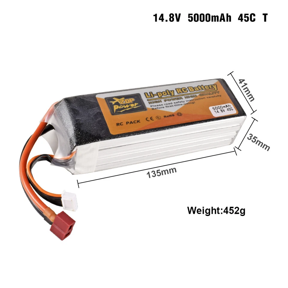 Batería Zop Power 4S 14.8V 5000mAh 45C Enchufe en T RC Lipo para RC Coche Barco FPV Drone Foto 1 de 1