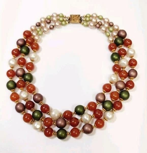Vintage Estate French Glass Carnelian Faux Glass Pearl Brass 3 Strand Necklace - Picture 1 of 6