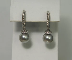 David Yurman Diamond Blue Gray Pearl SOLARI 925 Sterling 585 Post Drop Earrings - Picture 1 of 6