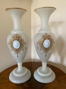 French White Opaline Neoclassical Glass Vases-14", a pair 19th C - Picture 1 of 12