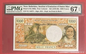 New Hebrides 1000 Francs 1970-80 Pick# 20c PMG: 67 EPQ GEM UNC. (#2516) - Picture 1 of 2