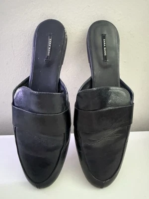 Mules planos de cuero Zara negros punta cuadrada talla 9, EU 40 Foto 1 de 4