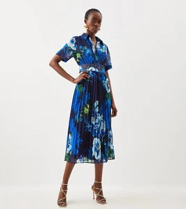 Karen Millen UK10 US6 EU38 FLORAL Rose Print Shirt Blue Pleat Skirt MIDI Dress - Picture 1 of 4