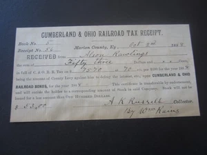 1888 - CUMBERLAND & OHIO EISENBAHN STEUERBELEG Dokument - Marion County KY. - Bild 1 von 1