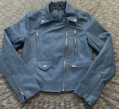 Love Tree Faux Leather Jacket Size Small Moto Biker Full Zip Blue Cropped - Image 1 of 4