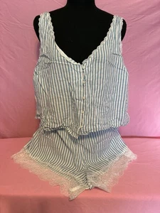 victoria secret pajama set Sm Short/ Xl Tank Stripes And Scalloped Lace (526) - Picture 1 of 5