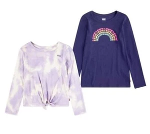 Levis Girls Long Sleeve T Shirt Crewneck 2 Pk Navy Blue Purple Tie Dye L 10/12 - Picture 1 of 12