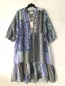 JOHNNY WAS Workshop Marrakesh Blue Black Ivory Patchwork Drawstring Dress XL - Picture 1 of 3