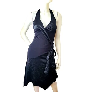 New BEBE Small Dress Y2K Silk Racerback Sleeveless Handkerchief Hem USA Black - Picture 1 of 13
