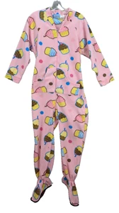 Footie Factory Adult Pajamas One Piece Footed Pink Cupcake Full Zip Fleece Sz 3 - Picture 1 of 10