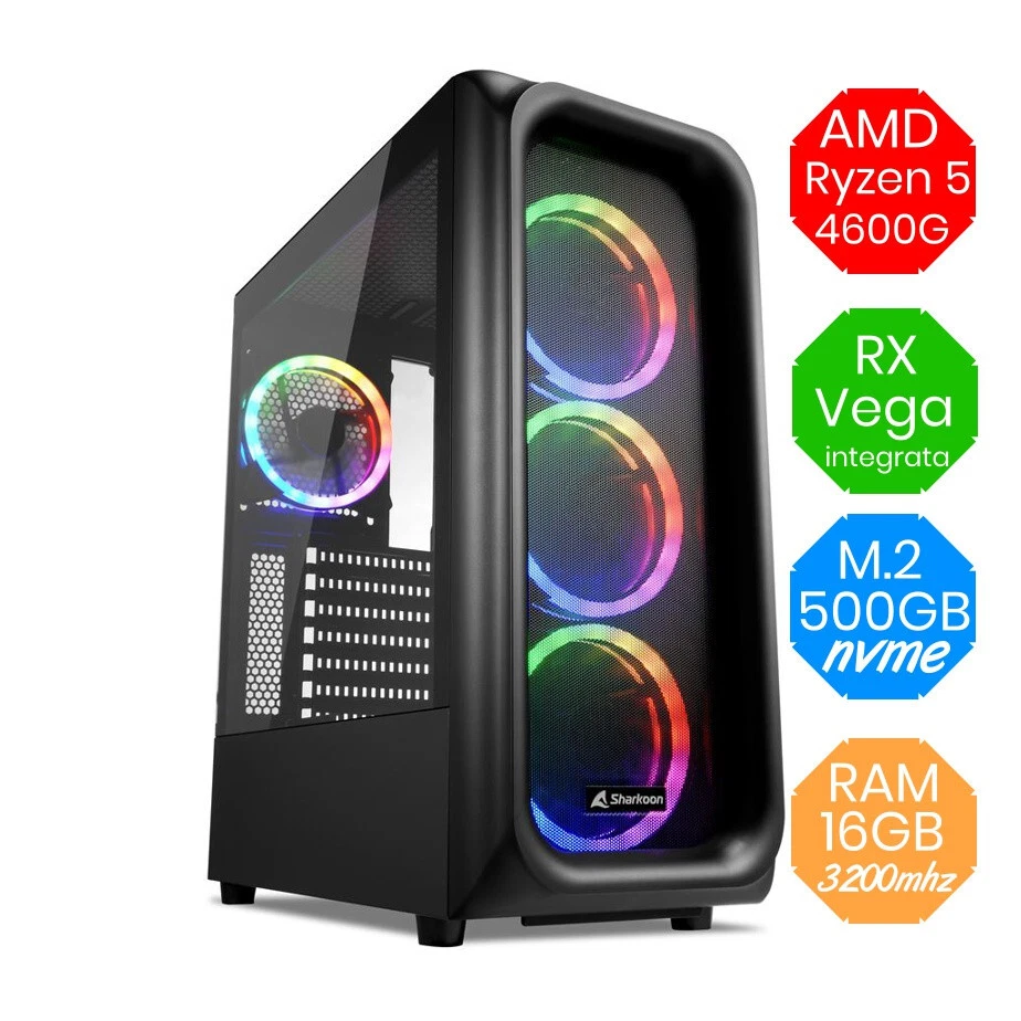 Gaming PC AMD RYZEN 5 4600G - RX Vega - RAM 16GB - M.2 500gb nvme - Win11 RGB - Immagine 1 di 1