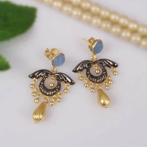 Dual Tone Plated Wedding Designer 925 Silver Blue Chalcedony Dangle Earrings - Picture 1 of 6