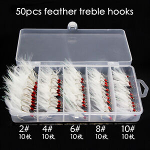 50pcs/box 2X Strong Fishing Treble Hooks White Feather Dressed 2/4/6/8/10# Hook