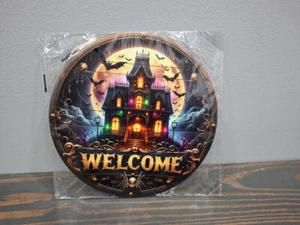WELCOME Spooky House 8 inch Round Wood Hanging Sign Halloween - Picture 1 of 5