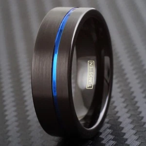 8mm Black Tungsten Off-Center Thin Blue Line Wedding Band Ring Jewelry TW - Picture 1 of 12