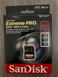 New SanDisk 64GB Extreme PRO SDXC, Card Up to 280MB/s UHS-II, Class 10, U3, V60 - Picture 1 of 3