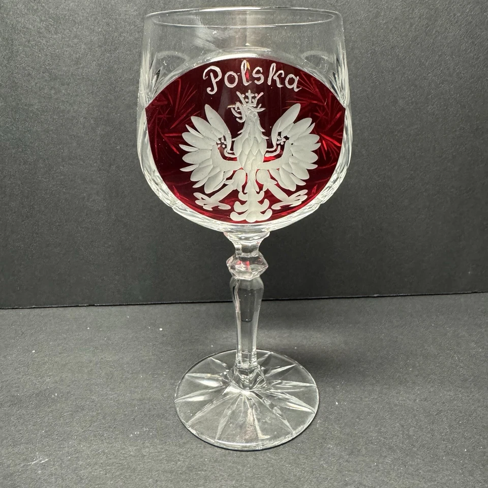 Bohemian Style Ruby Red Wine Goblet Glass Hand Cut POLSKA Poland Coat of Arms - Image 1 of 4