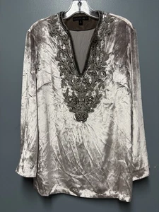 Lafayette 148 NY Velvet Embroidered Beaded Tunic Top Sz S/0  Dressy Champagne - Picture 1 of 13