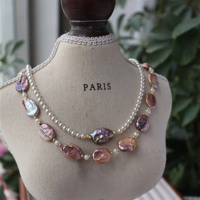 Colar de pérolas barrocas de cor natural, corrente de clavícula feita à mão, versátil - Imagem 1 de 2