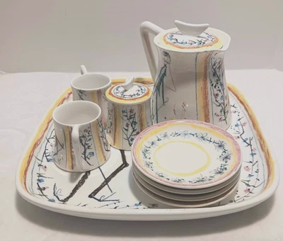 9 Piece Vintage Quadrifoglio Figini Italy Tea Pot Plates 4 1/4" Plater 11" Cups - Image 1 of 4