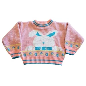 Vintage 80s Rainbow Connection 2T Toddler Girls Intarsia Acrylic Bunny Sweater - Picture 1 of 6