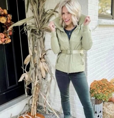 Cabi Ski Lift Belted Puffer Large 4300 Jacket Coat Sage Green EUC - Image 1 of 4