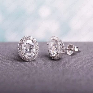 2.74 TCW Oval Cut Moissanite Halo Women's Earring 14K White Gold Plated - Picture 1 of 6