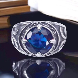 Blue Sapphire Round Cut Gemstone With 925 Sterling Silver Ring For Men's #E398 # - Picture 1 of 6