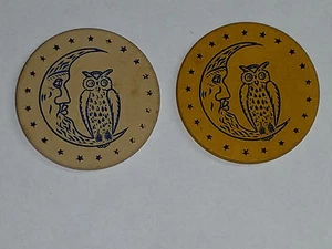 2 Vintage Clay Poker Chips Owl on Crescent Moon Yellow & White Impressed - Picture 1 of 12