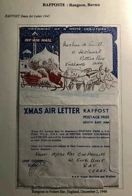 1945 Rangún Birmania RAFPOST Navidad Air Carta Cubierta a Potter Bar Inglaterra Foto 1 de 3