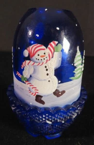1999 Fenton 'Jolly Snowman' Fairy Lamp Hand-Painted & Artist Signed Cobalt Glass - Picture 1 of 6