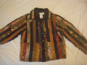 Vintage Damen Coldwater Creek Boho Patchwork Mixed Media Samt Satin Jacke PS - Bild 1 von 11