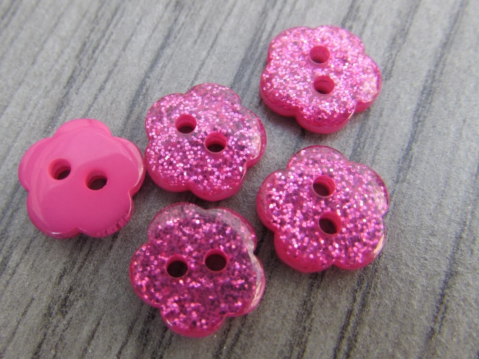 15mm Pink Glitter Flower Buttons 2 Hole Sew On In Pack sizes of 5, 10 or 20 - Image 1 of 1