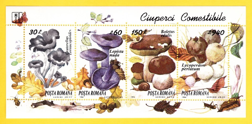 1994 EDIBLE MUSHROOMS STAMP SHEET of 4 ROMANIA PERLATUM EDULIS NUDA ARTIST ANIKO - Image 1 of 1