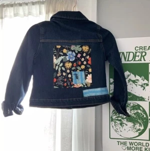 UPCYCLED GIRLS DENIM JEAN JACKET Size Large 10/12 Strawberries Strawberry Flower - Picture 1 of 6