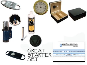 Deep Black 50 count Cigar Humidor Gift / Starter set: Cutters Lighter  Caddy Kit - Picture 1 of 12
