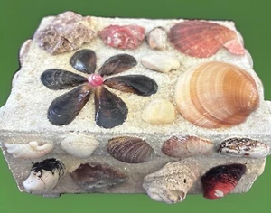 Vintage Folk/Tramp Art Sea Shell Red Felt Lined Jewelry Trinket Box Japan B40A - Picture 1 of 8