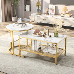 2er Set Couchtisch Rund/Rechteckig, Sofatisch Beistelltisch Wohnzimmertisch DE- - Bild 1 von 12