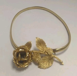 Vintage 80s Accessocraft NYC 24” Skinny Stretchy Gold Tone Flex Belt w/ROSE - Picture 1 of 7