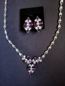VINTAGE BOGOFF SIGNED Purple Rhinestone Necklace and Earrings Screw Back - Picture 1 of 7