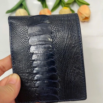 Real Navy Blue Ostrich Leg Leather Bifold Wallet Cardholder Men Wallet Handmade - Image 1 of 4
