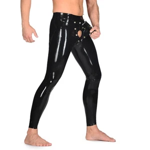 Men Black Latex Rubber Tight Pants Trousers Crotch Inside Hide Openning JJ Hole - Picture 1 of 6