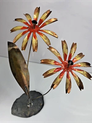 Vintage Flowers Daisy Enamel MCM BRUTALIST Metal Copper SCULPTURE Stone Base - Image 1 of 4