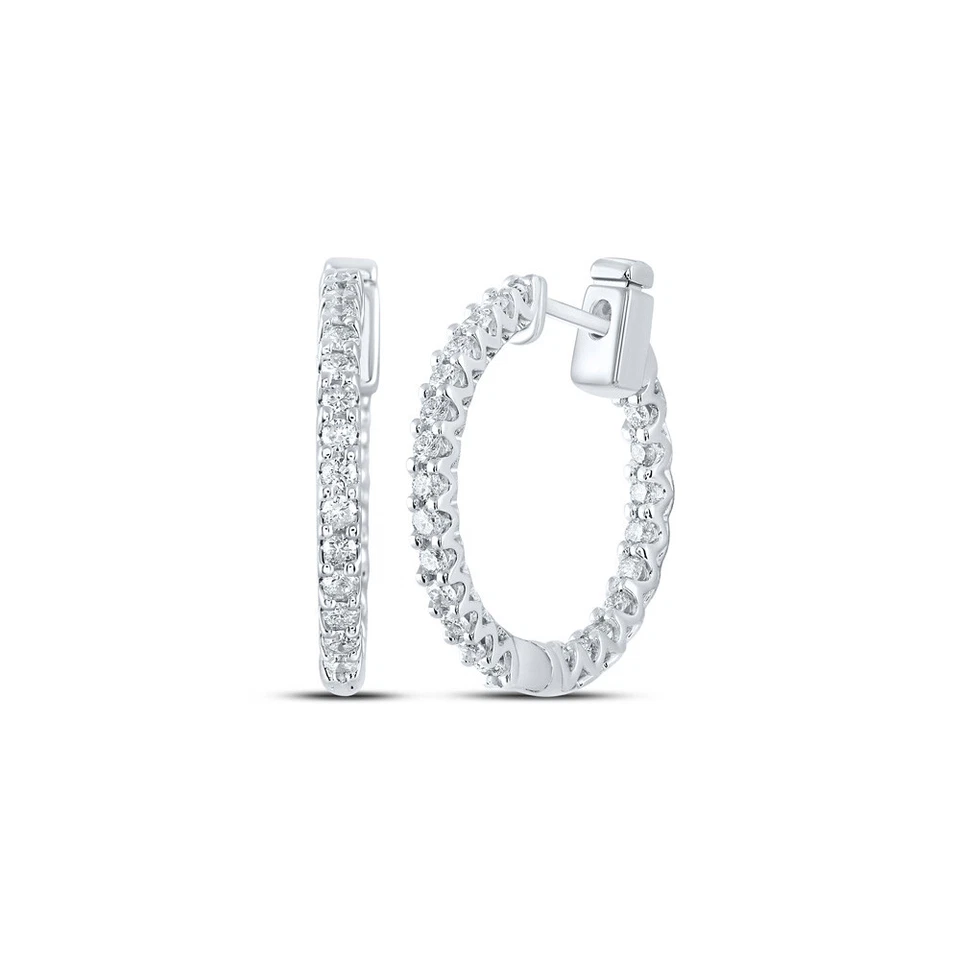 14kt White Gold Womens Round Diamond Inside Outside Hoop Earrings 3/4 Cttw - Image 1 of 1
