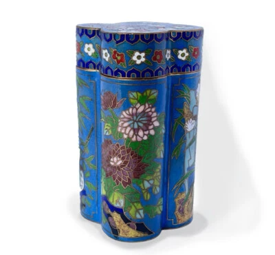 Vintage Early 20th Century Chinese Cloisonné Quatrefoil Canister Caddy Brass - Image 1 of 4