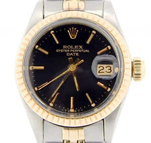Rolex Date Ladies 2Tone 14K Yellow Gold & Stainless Steel Watch Black Dial 6917 - Picture 1 of 6