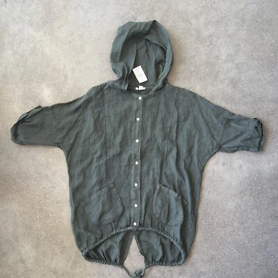 Saks 5th Ave Oversized Linen Hooded Short Sleeved Jacket Khaki Green Size XS NWT - Image 1 of 4
